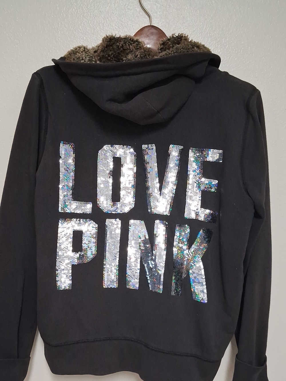PINK Victoria's Secret Black Jacket with Lined Fur Silver Sequins